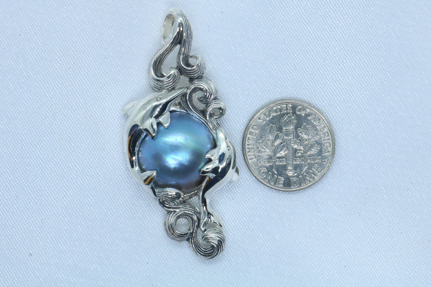 Dolphins Blue Mabe Pearl Silver Pendant Necklace