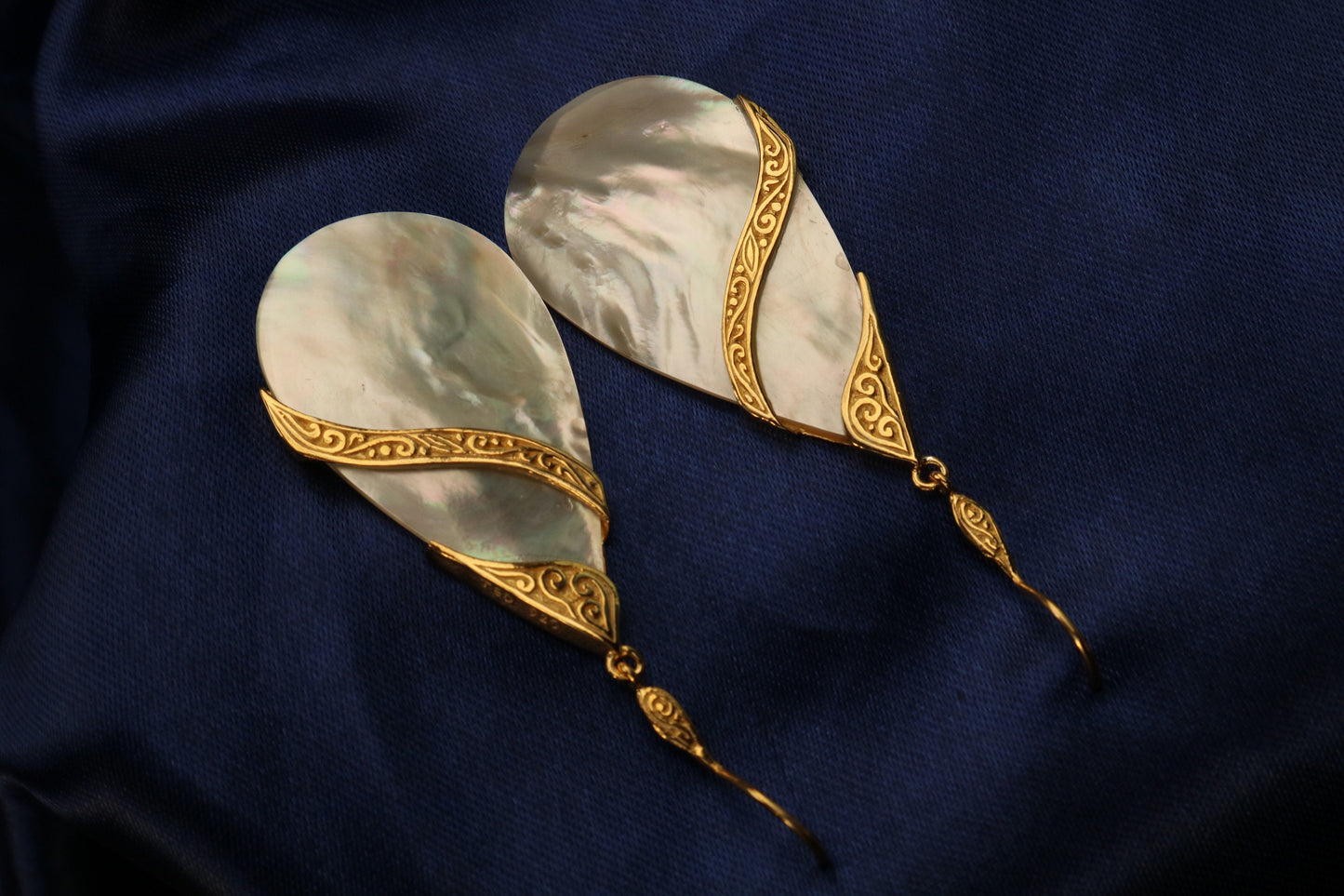 18K Gold Vermeil Mother of Pearl Teardrop Earrings Double Tribal Design. Sterling Silver.