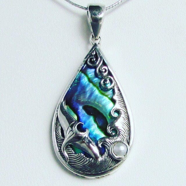 Manta Ray Wave Necklace Pendant Small | Pearl | Paua Abalone Shell | Sterling Silver | Ocean | Beach | Gift | Jewelry | Handmade | Unique