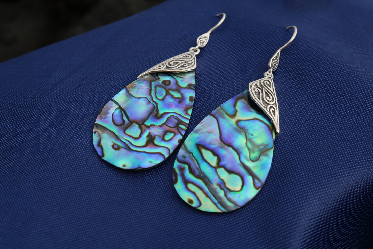 Abalone Shell Teardrop Earrings Tribal Design. Sterling Silver.