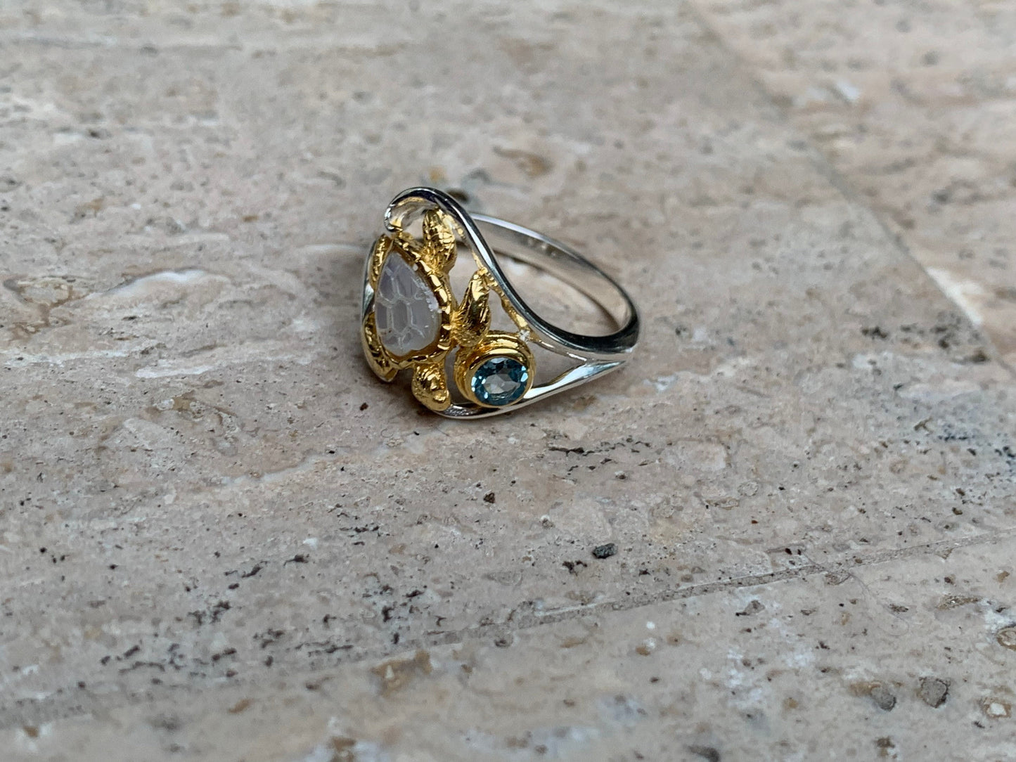 Swiss Topaz Turtle Ring. Mother of Pearl, Silver, Gold.