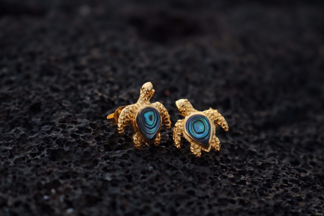 18K Vermeil Turtle Earrings Studs. Abalone Shell.