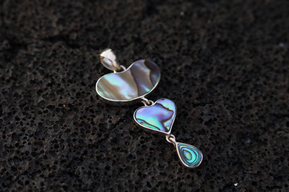 Teardrop Heart Necklace Pendant. Sterling Silver, Abalone Shell.