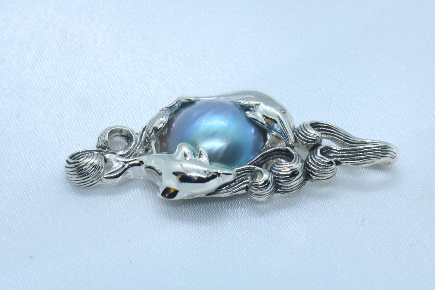 Dolphins Blue Mabe Pearl Silver Pendant Necklace