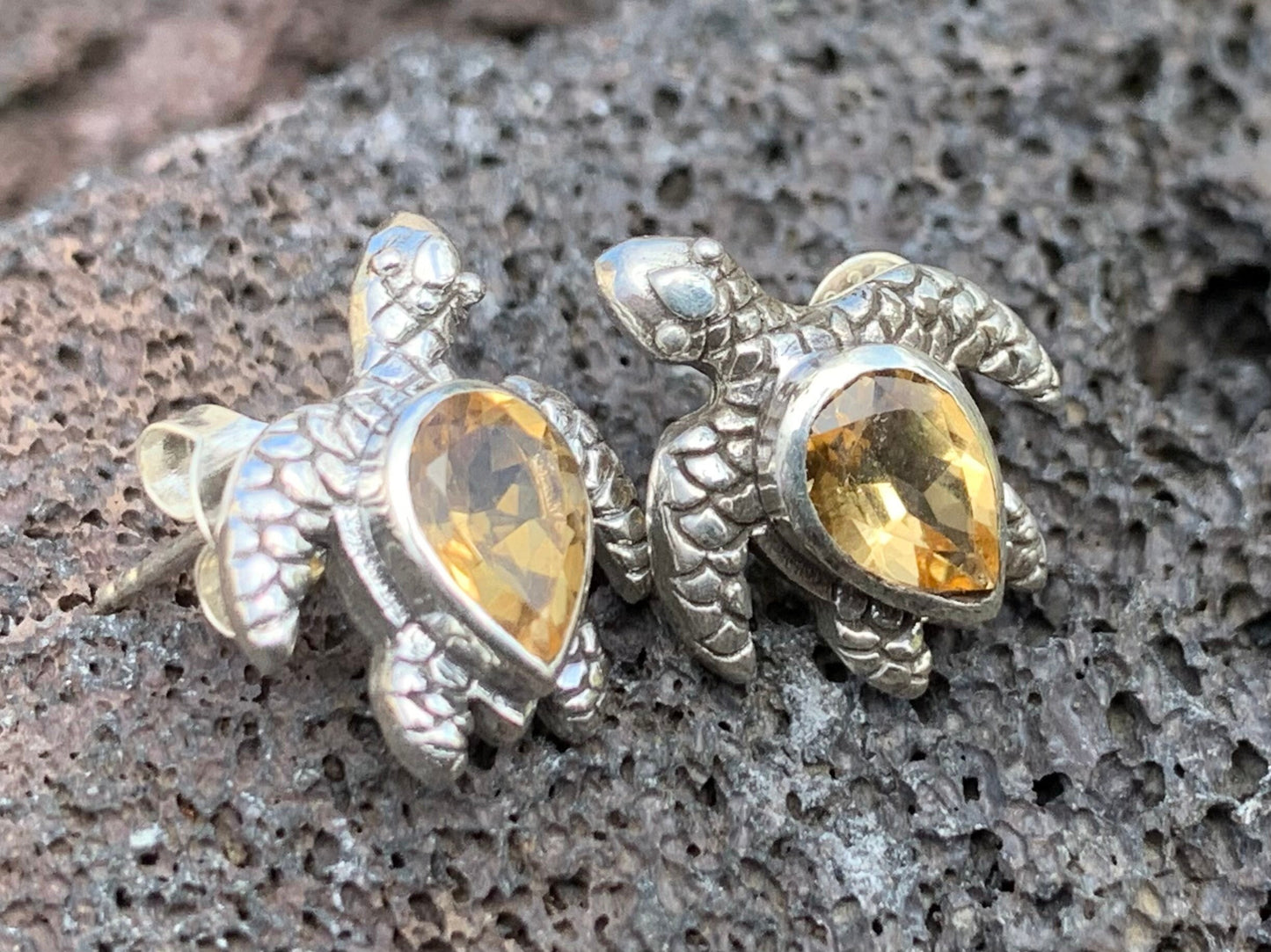 Turtle Charm Citrine Stud Earrings Sterling Silver