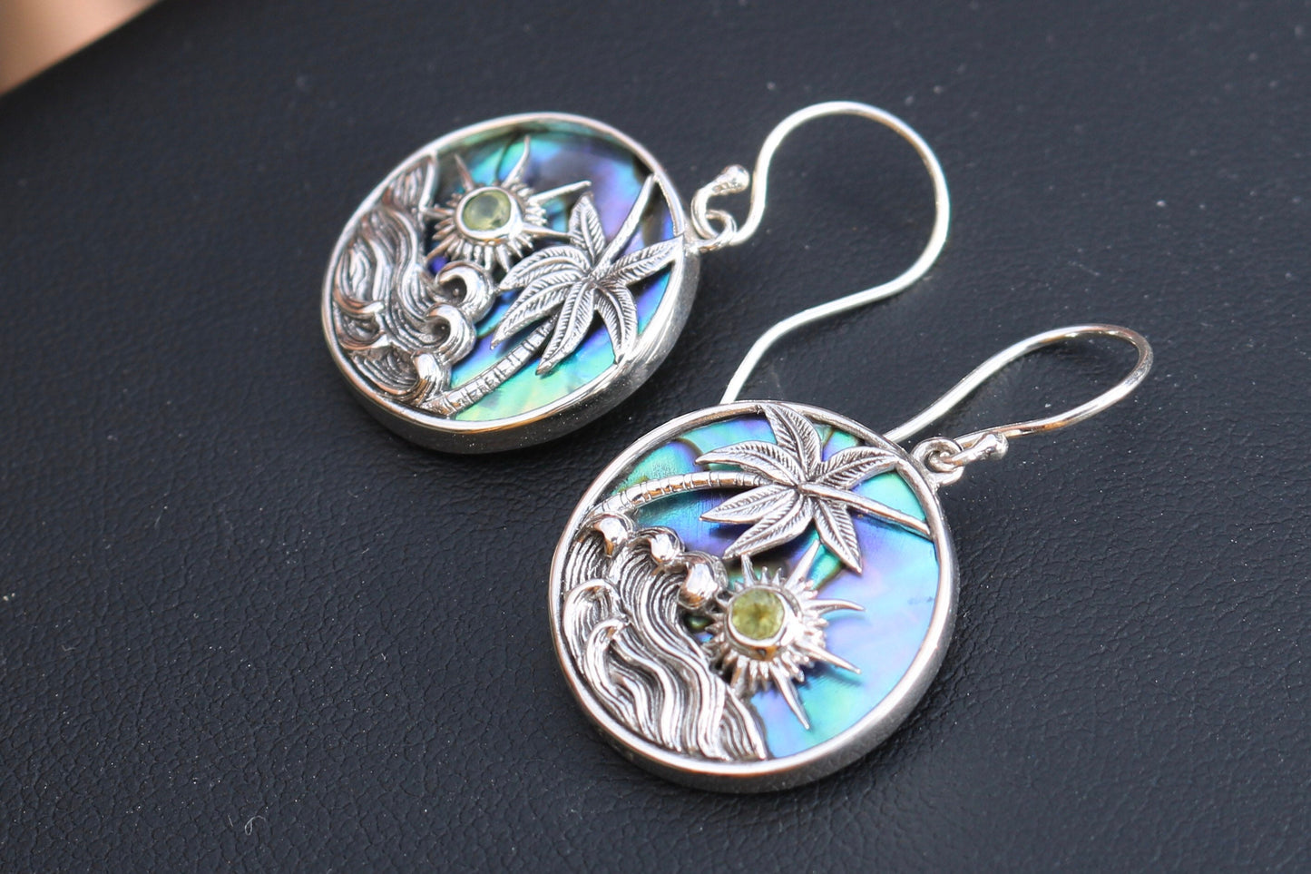 Hawaiian Sunset Wave Palm Tree Peridot Abalone Shell Earrings. Sterling Silver.