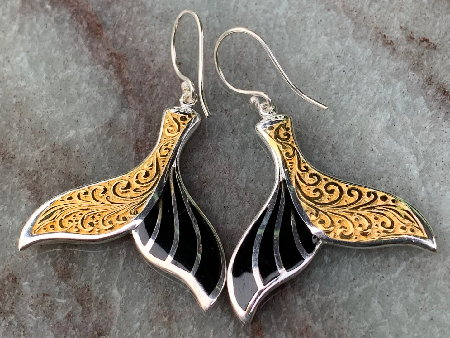 Hawaiian Islands Whale Tail Earrings. Kauai, Oahu, Maui, Big Island of Hawaii. Gold, Silver, Mother of Pearl.