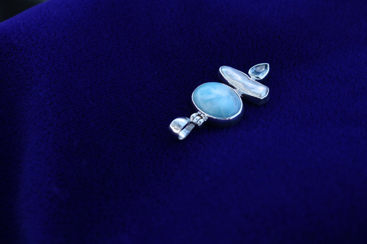 Larimar, Pearl and Blue Topaz Triple Pendant Necklace. Sterling Silver.