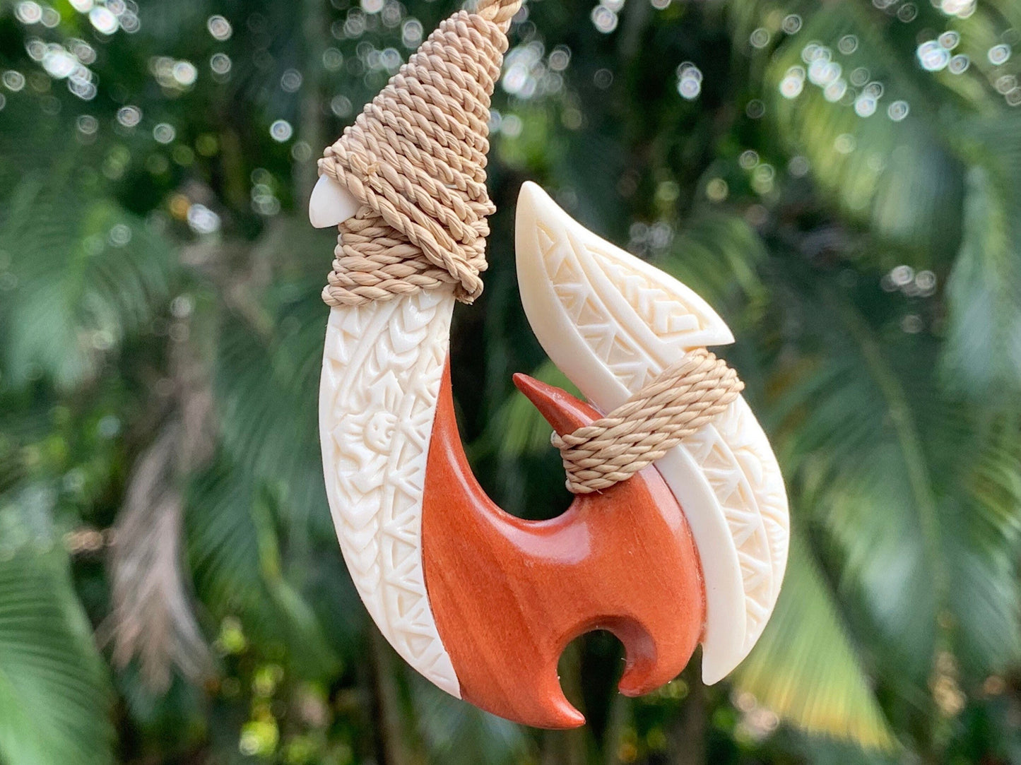 Hawaiian Maui Makau Traditional Native Fish Hook Necklace Pendant. Wood and bone carved.