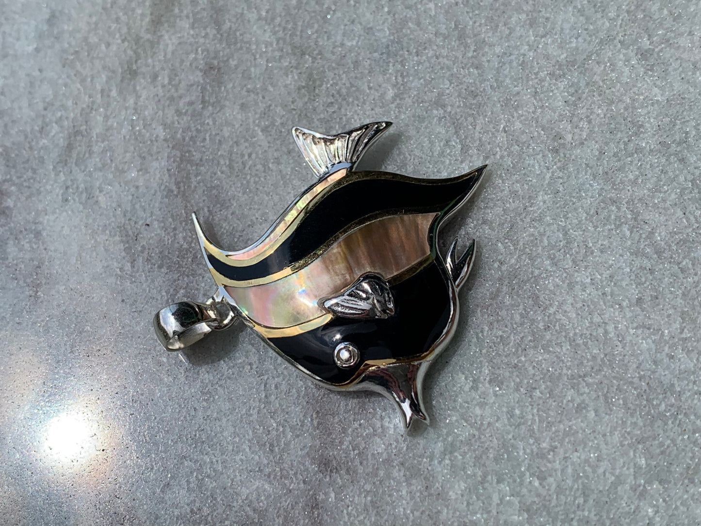 Fish Moorish Idol Hawaiian Tropical Pendant Necklace. Sterling Silver, Mother of Pearl.