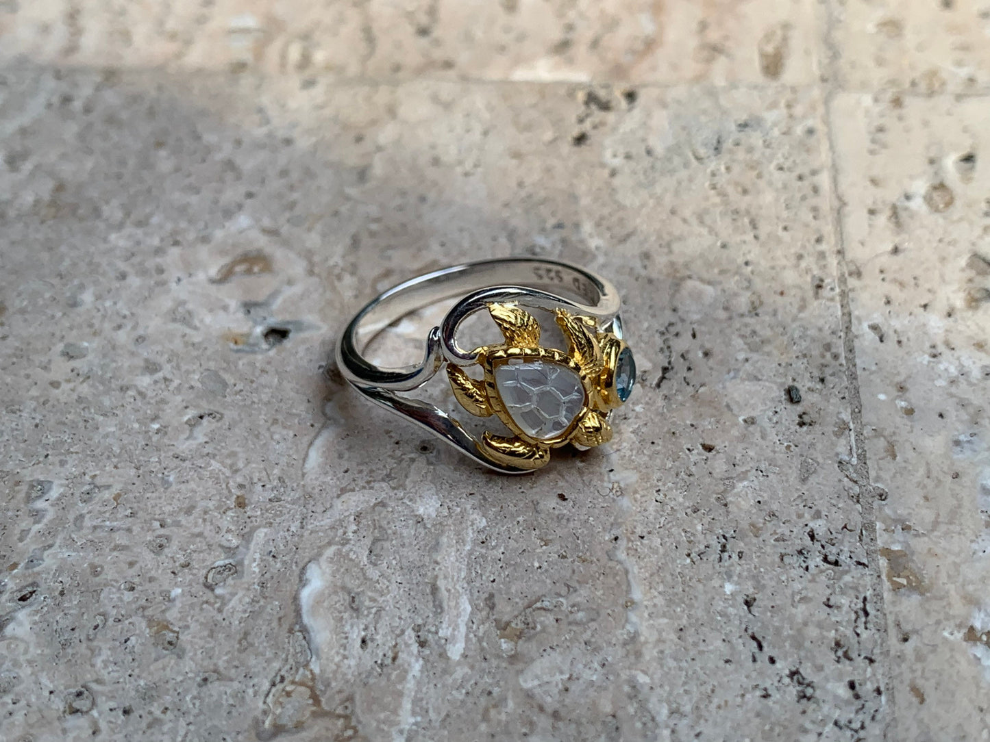 Swiss Topaz Turtle Ring. Mother of Pearl, Silver, Gold.