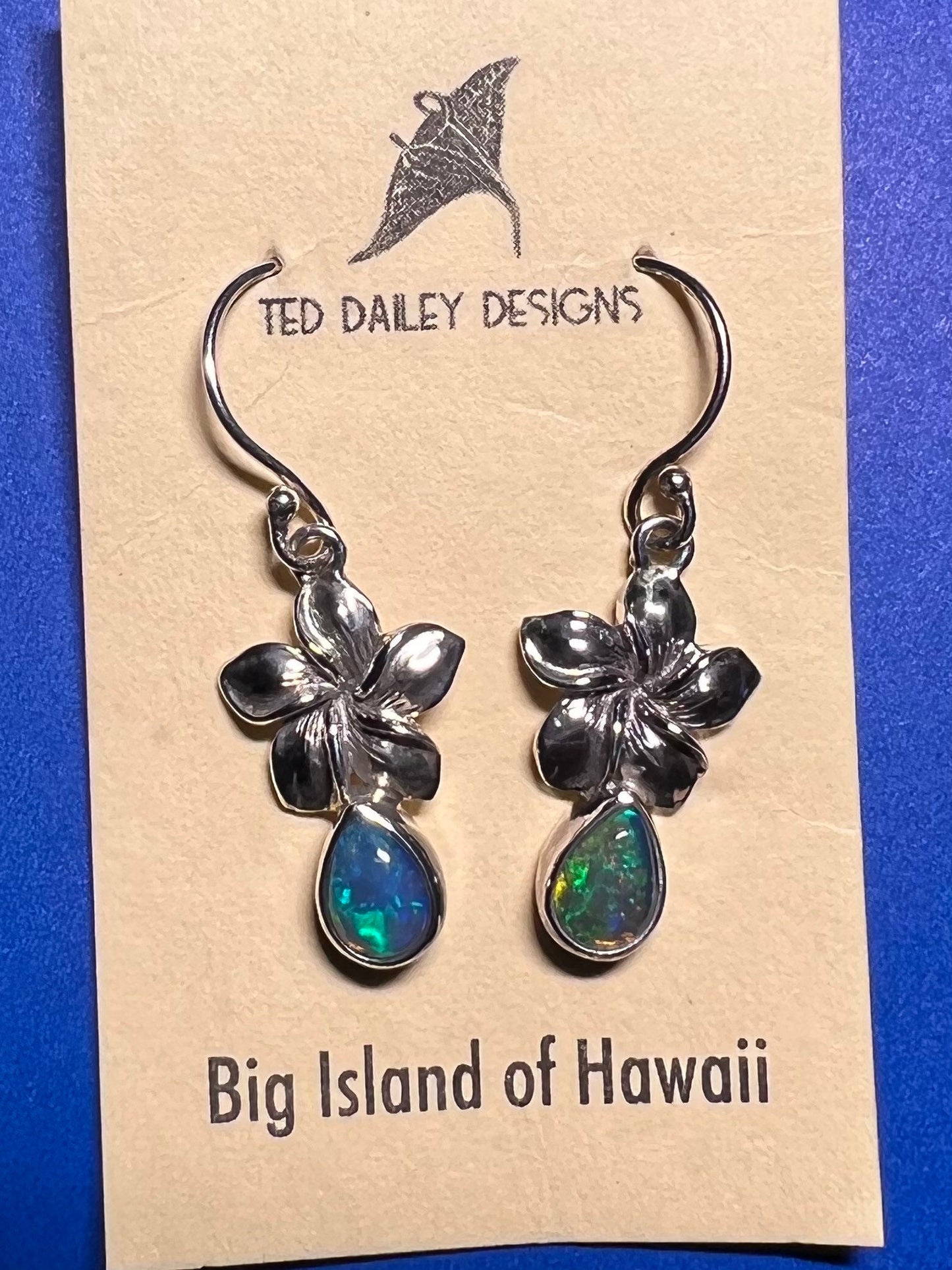 Opal Plumeria Flower Silver Earrings