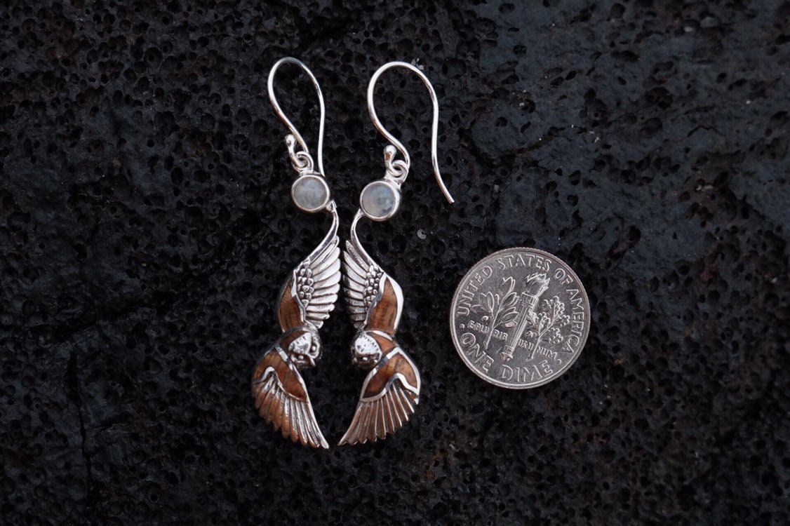 Owl Hawaiian Pueo Aumakua Earrings. Moonstone, Hawaiian Koa Wood, Mother of Pearl, Sterling Silver