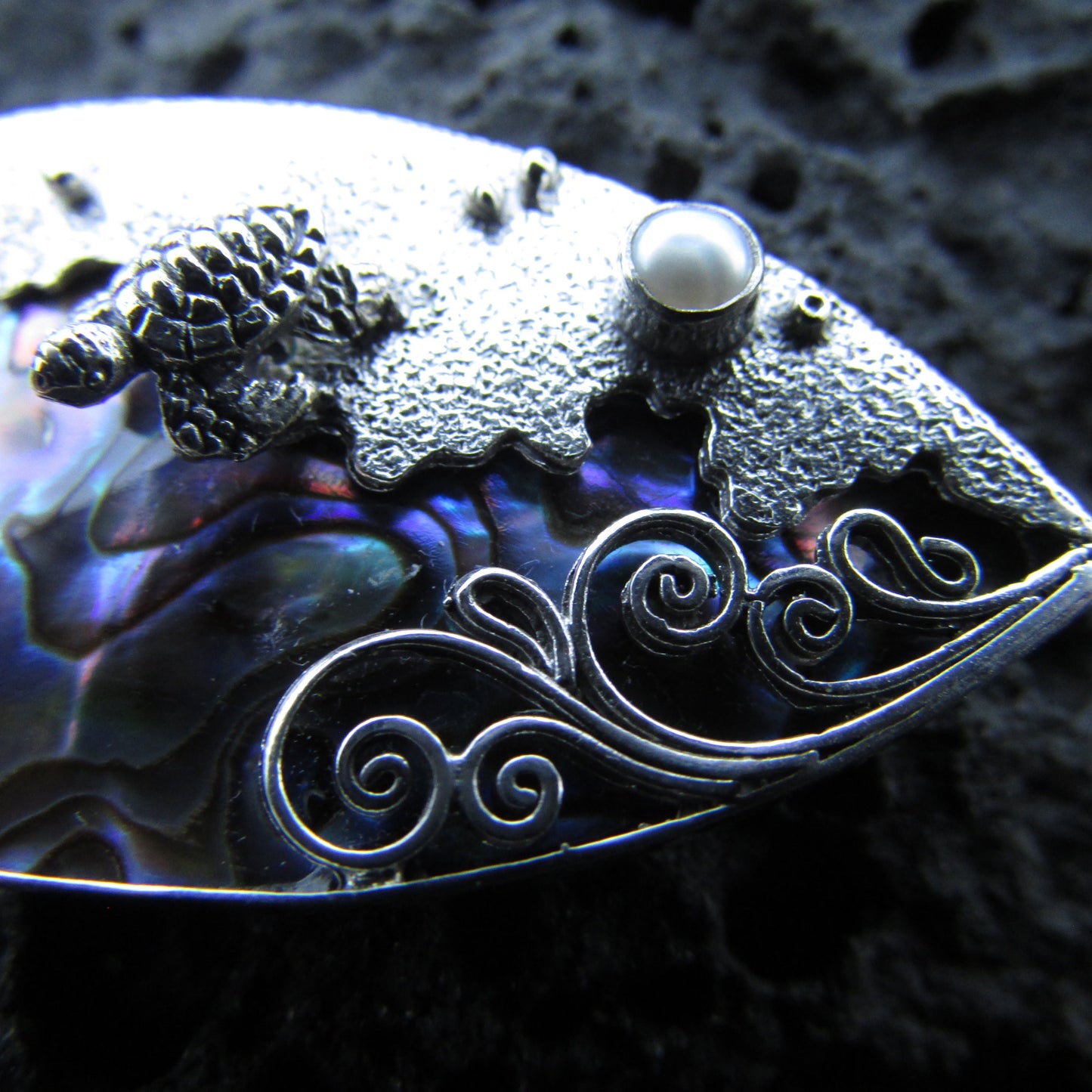 Sea Turtle Wave Necklace Pendant | Paua Abalone Shell | Pearl | Sterling Silver | Ocean | Beach | Gift | Jewelry | Handmade | Unique