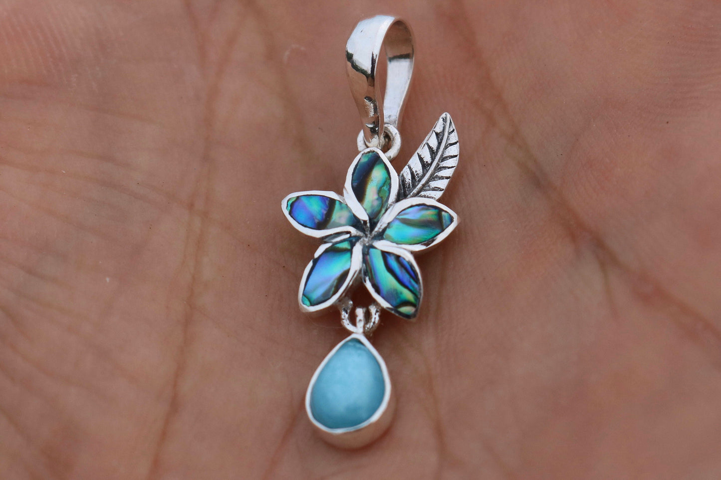 Plumeria Flower Larimar Teardrop Charm Pendant Necklace. Sterling Silver, Abalone Shell.