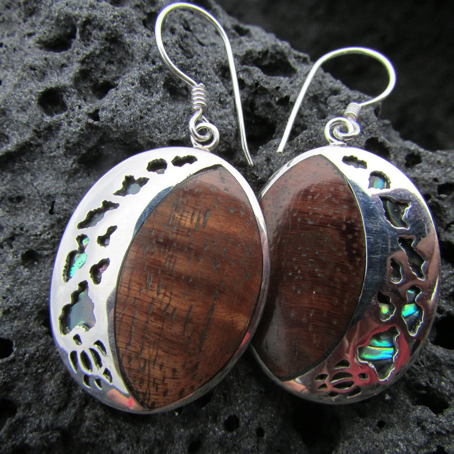 Hawaii Island Chain Earrings | Koa Wood | Sterling Silver | Abalone Paua Shell | Ocean | Beach | Gift | Jewelry | Handmade | Unique