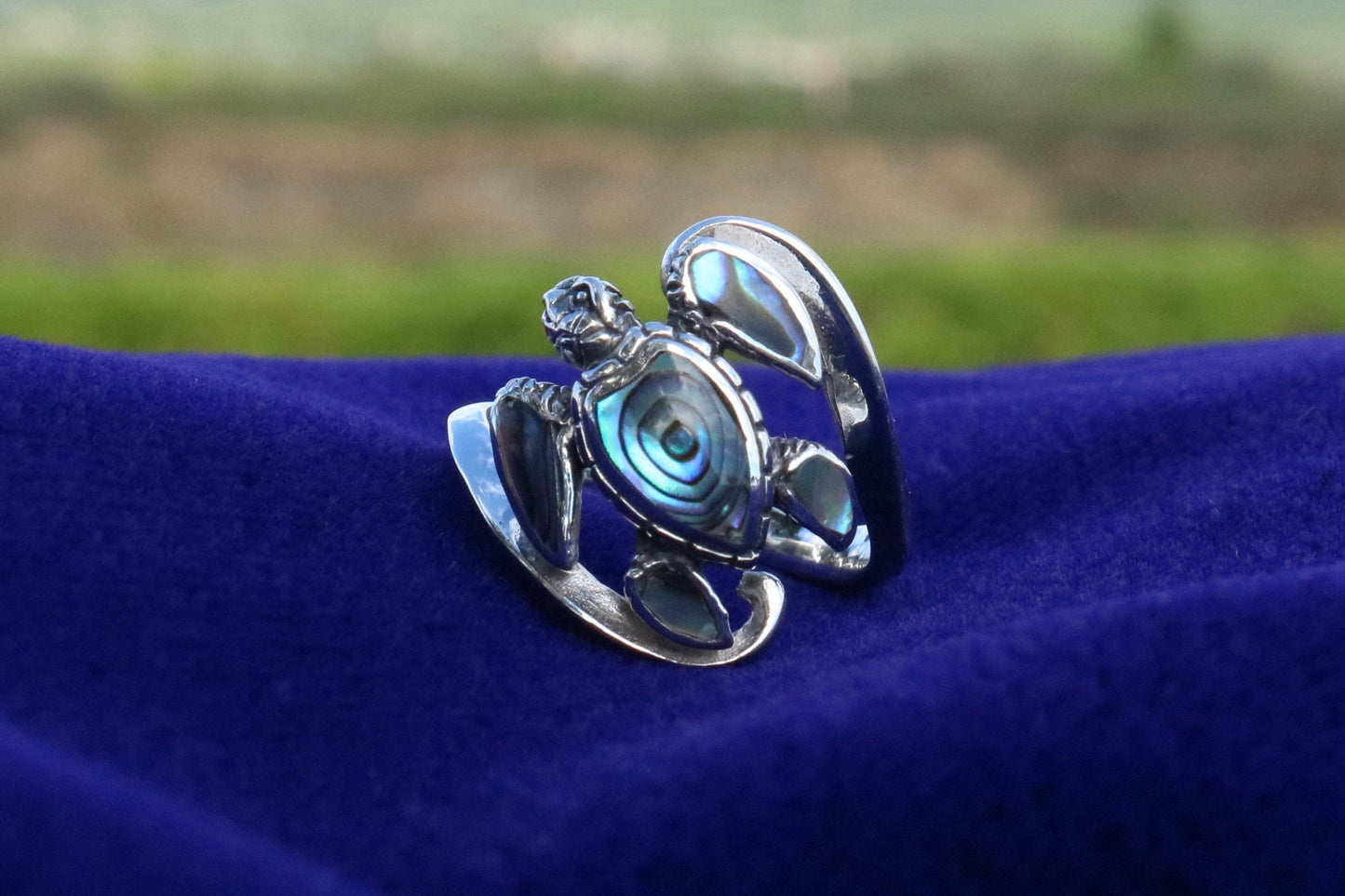 Turtle Ring Hawaiian Honu. Abalone Paua Shell. Sterling Silver.