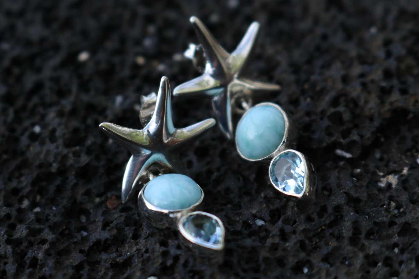 Starfish Larimar Blue Topaz Stud Earrings. Sterling Silver.