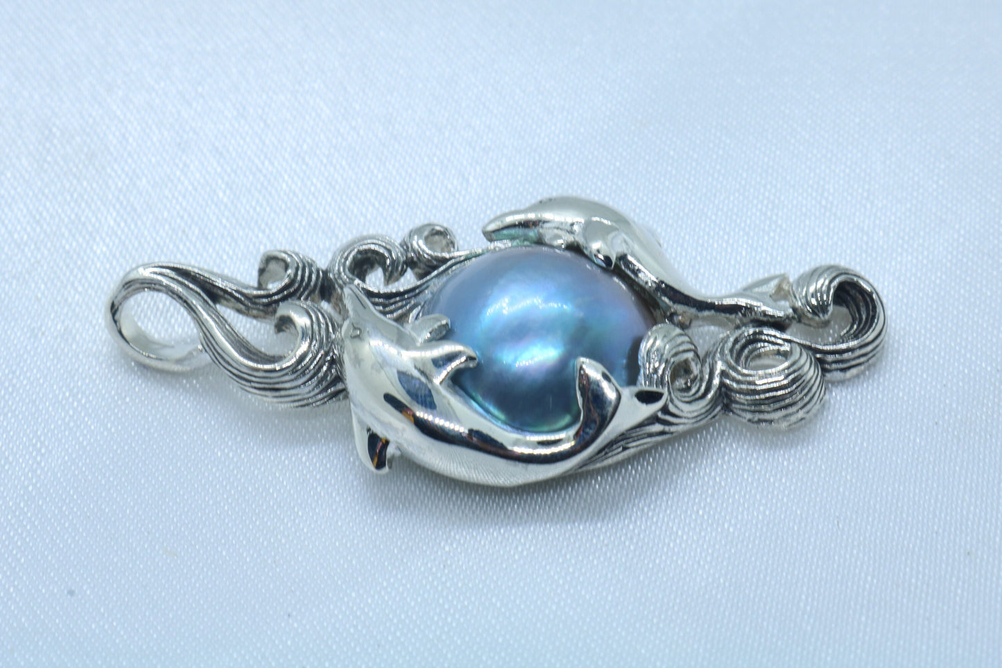 Dolphins Blue Mabe Pearl Silver Pendant Necklace