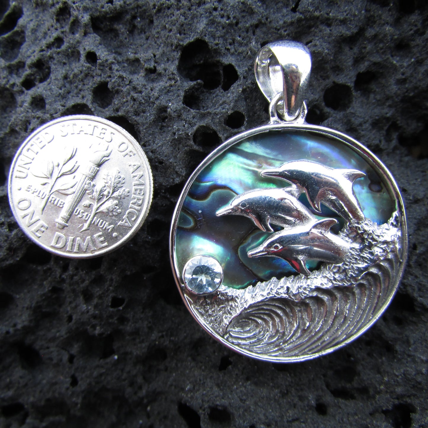 Dolphin Wave Necklace Pendant Large | Blue Topaz | Abalone Paua Shell | Sterling Silver | Ocean | Beach | Gift | Jewelry | Handmade | Unique
