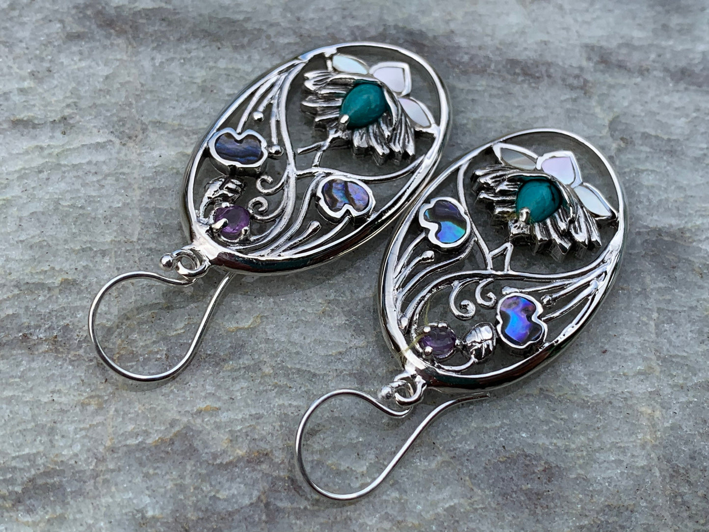 Turquoise Amethyst Lotus Earrings. Sterling Silver. Abalone Shell, Mother of Pearl.