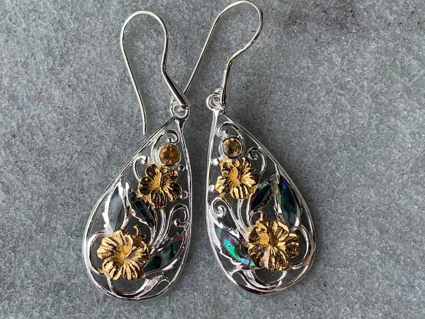Hibiscus Flower Citrine Silver Gold Abalone Shell Earrings