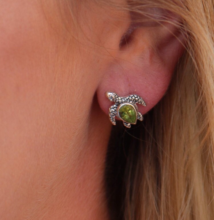 Sea Turtle Stud Earrings | Sterling Silver | Peridot | Ocean | Beach | Gift | Jewelry | Handmade | Unique
