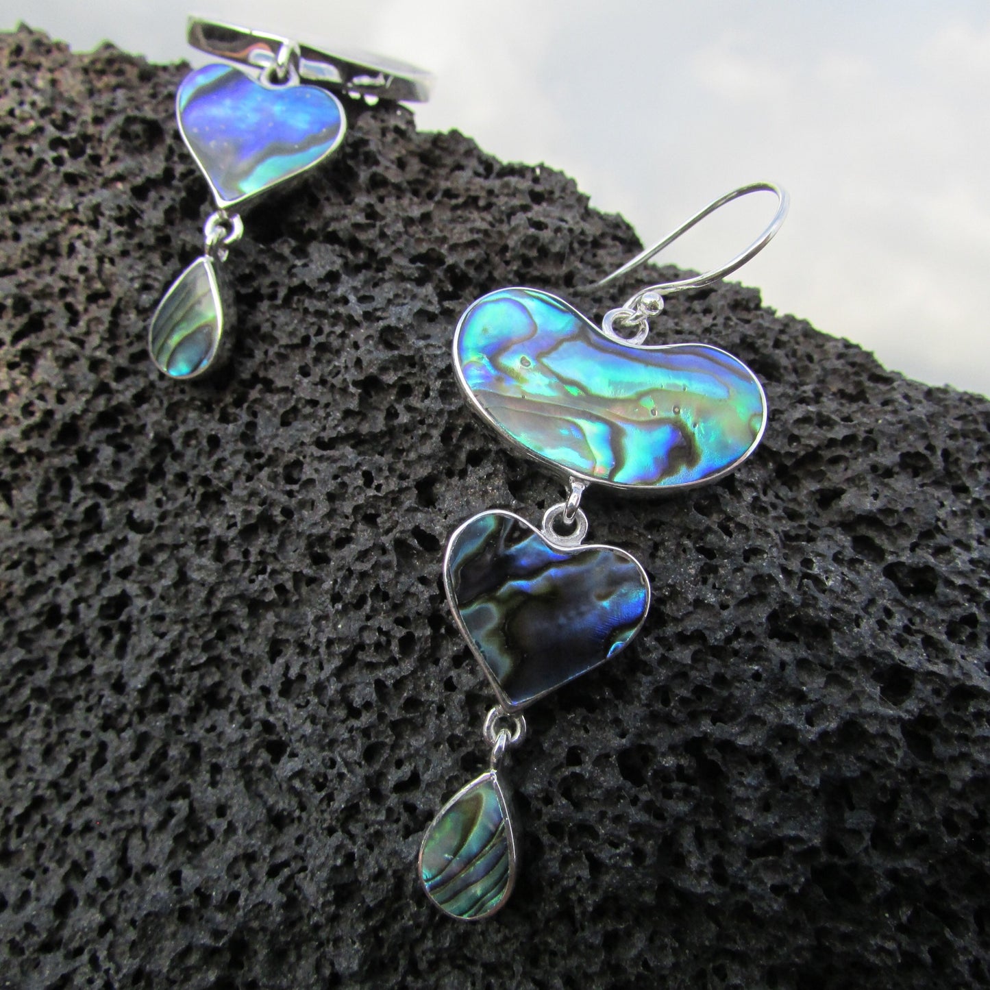 Heart Teardrop Earrings. Abalone Paua Shell. Sterling Silver.