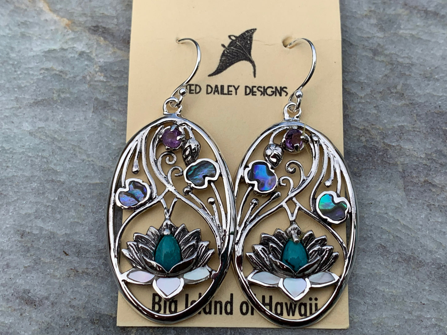 Turquoise Amethyst Lotus Earrings. Sterling Silver. Abalone Shell, Mother of Pearl.