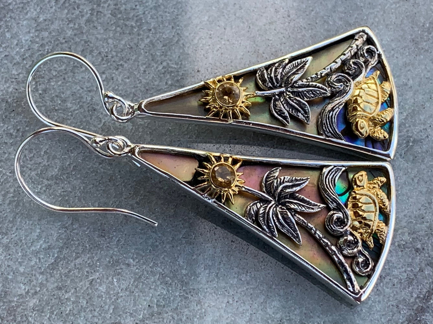Turtle Sun Wave Palm Tree Citrine Abalone Shell Gold Silver Earrings
