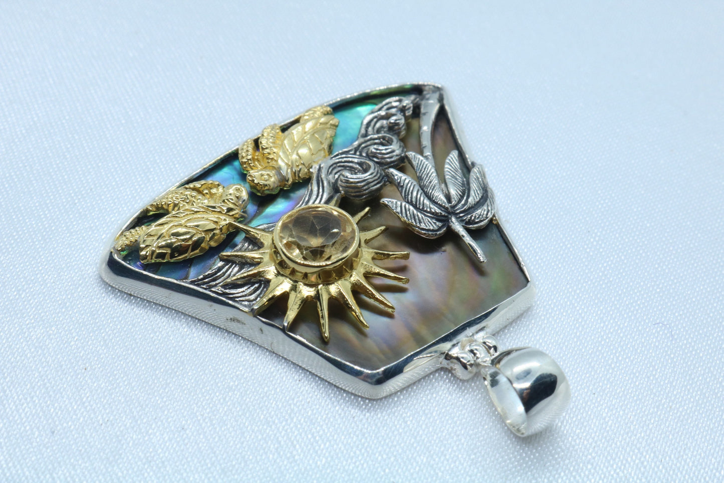 Sun Wave Beach Palm Tree Turtle Play Necklace Pendant. Silver, Gold, Abalone Shell, Citrine.