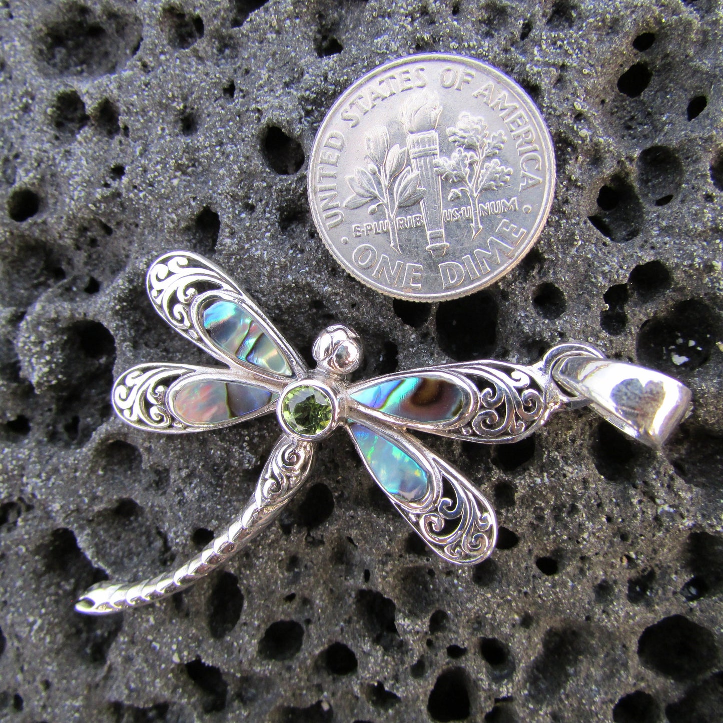 Dragonfly Necklace Pendant | Sterling Silver | Abalone Shell | Peridot | Amethyst | Blue Topaz | Gift | Jewelry | Handmade | Unique