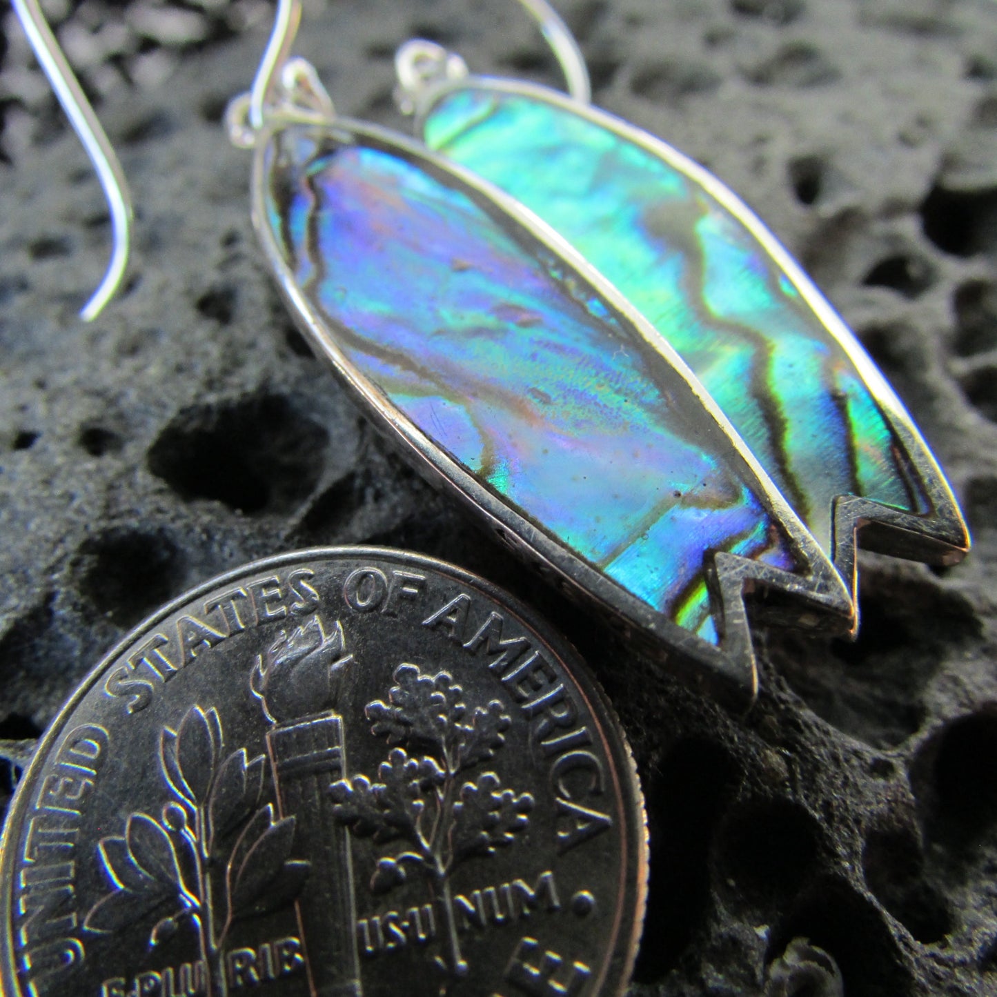 Surfboard Earrings with Polynesian Tattoo Design. Peridot. Abalone Paua Shell. Sterling Silver.