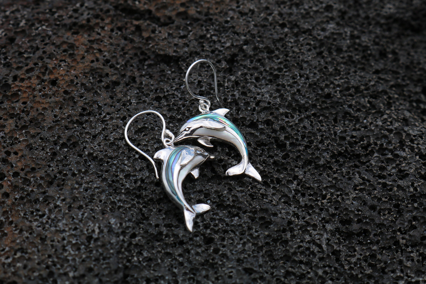 Aumakua Dolphin Earrings. Abalone Paua Shell, Mother of Pearl, Sterling Silver.