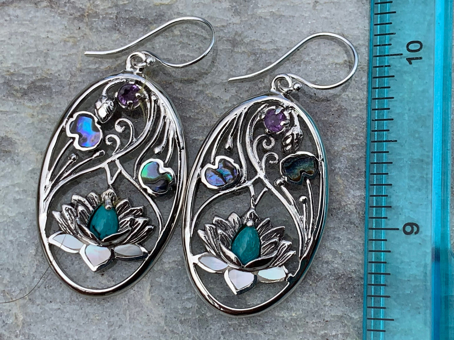 Turquoise Amethyst Lotus Earrings. Sterling Silver. Abalone Shell, Mother of Pearl.