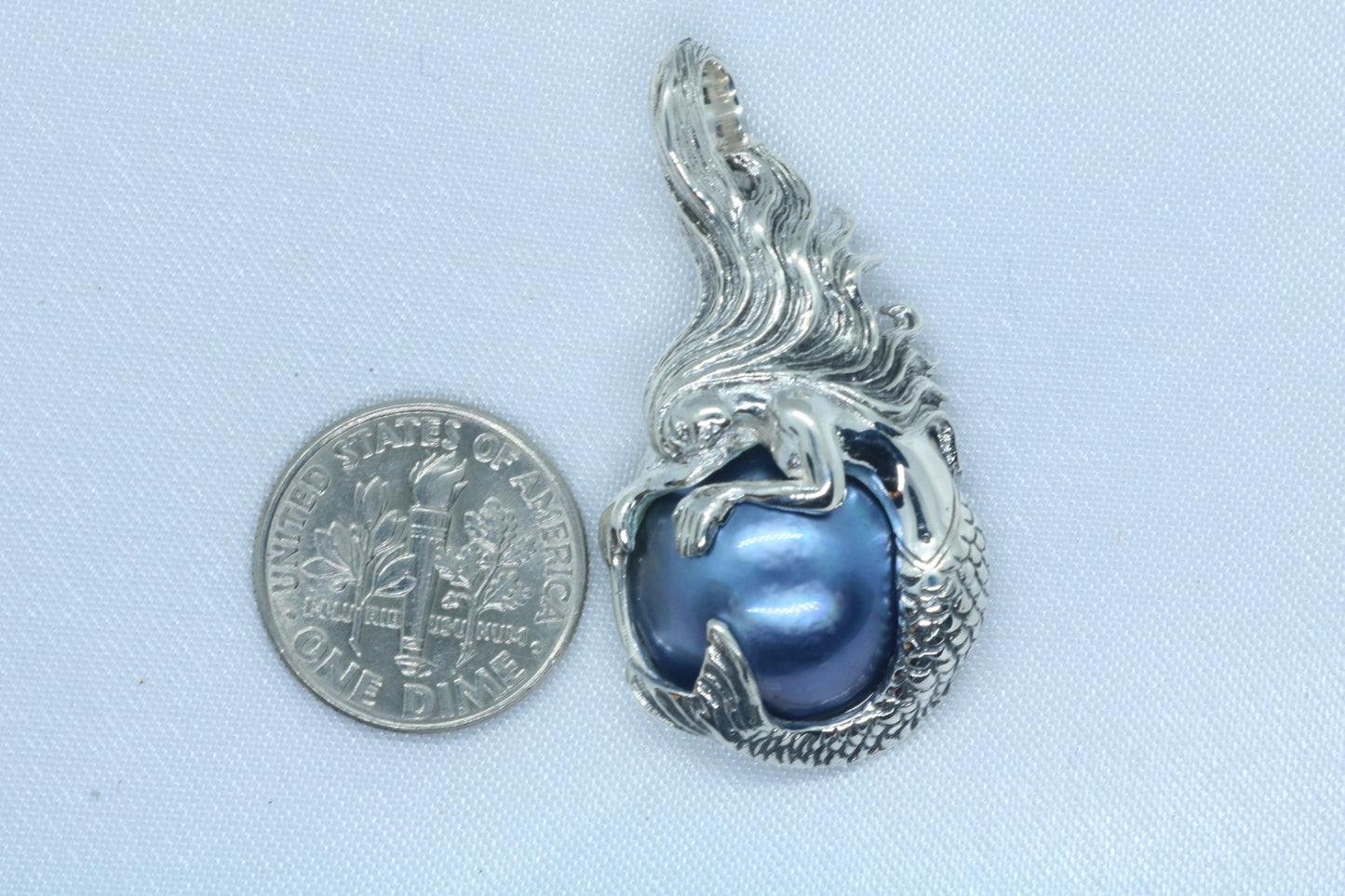 Mermaid Blue Mabe Pearl Silver Pendant Necklace