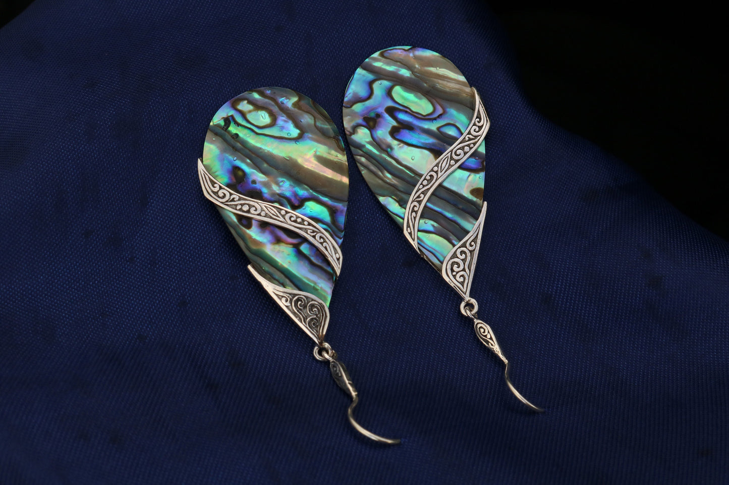 Abalone Shell Teardrop Earrings Double Tribal Design. Sterling Silver.