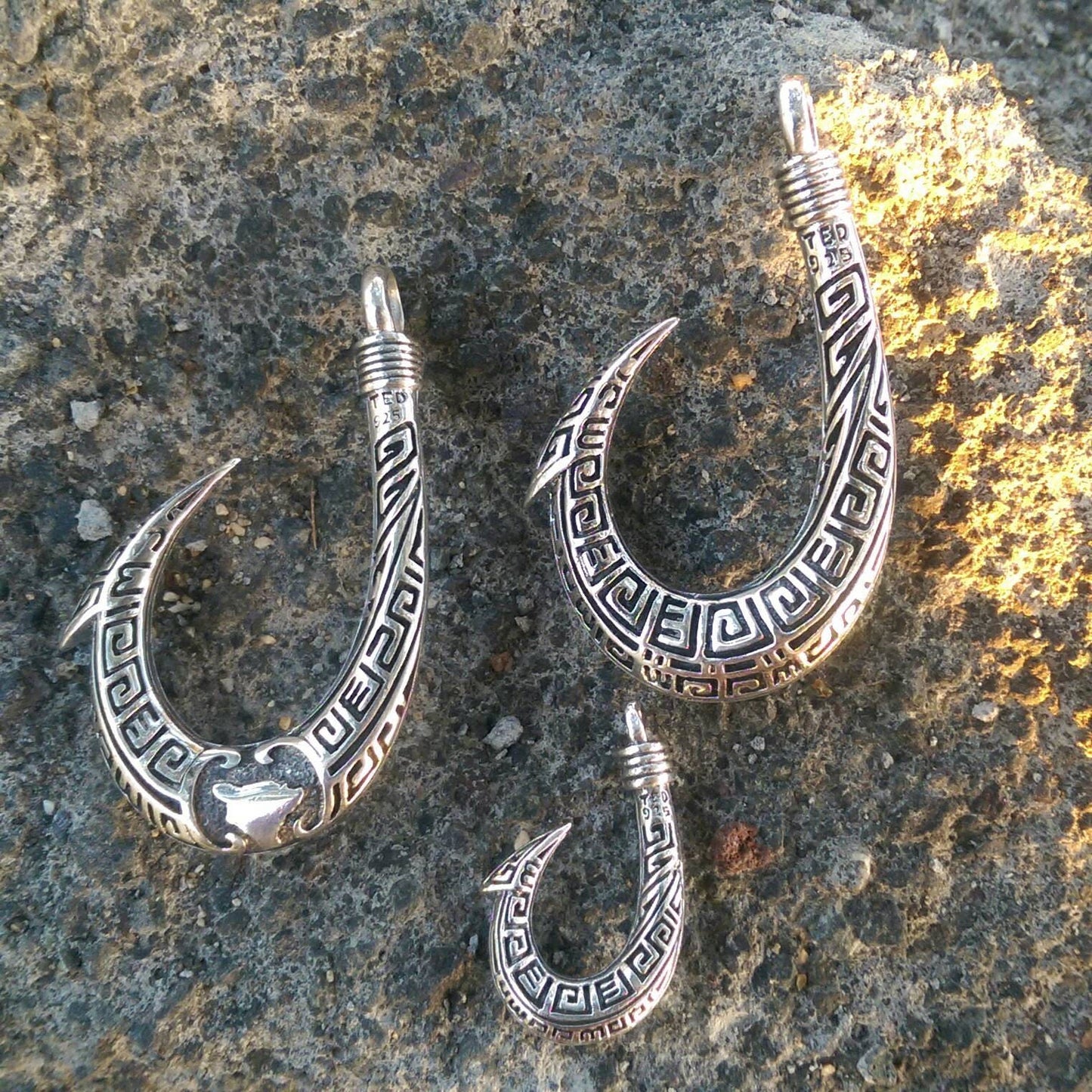 Fishing Hook with Hawaii's Big Island Shape | Sterling Silver | Ocean | Beach | Gift | Jewelry | Handmade | Unique