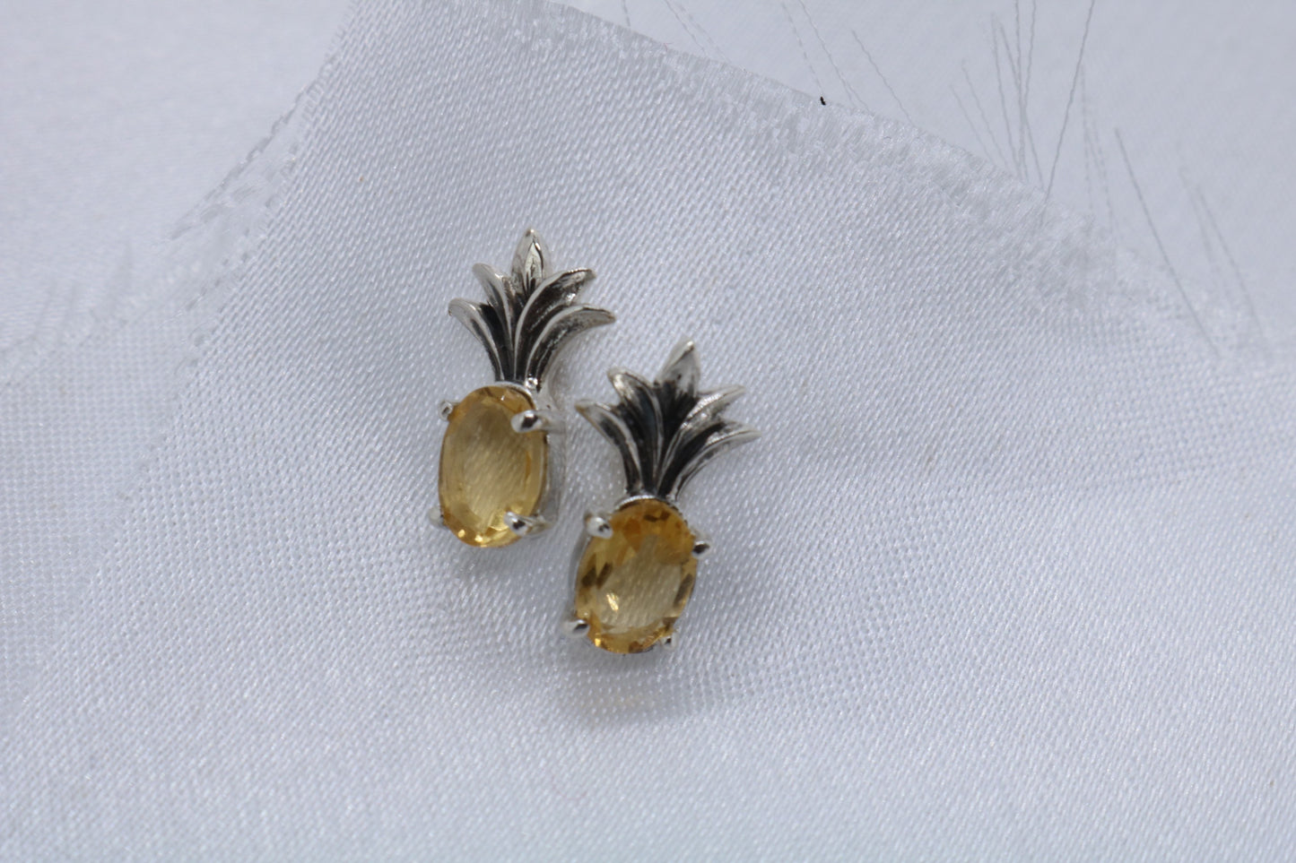 Pineapple citrine stud earrings. Sterling silver.