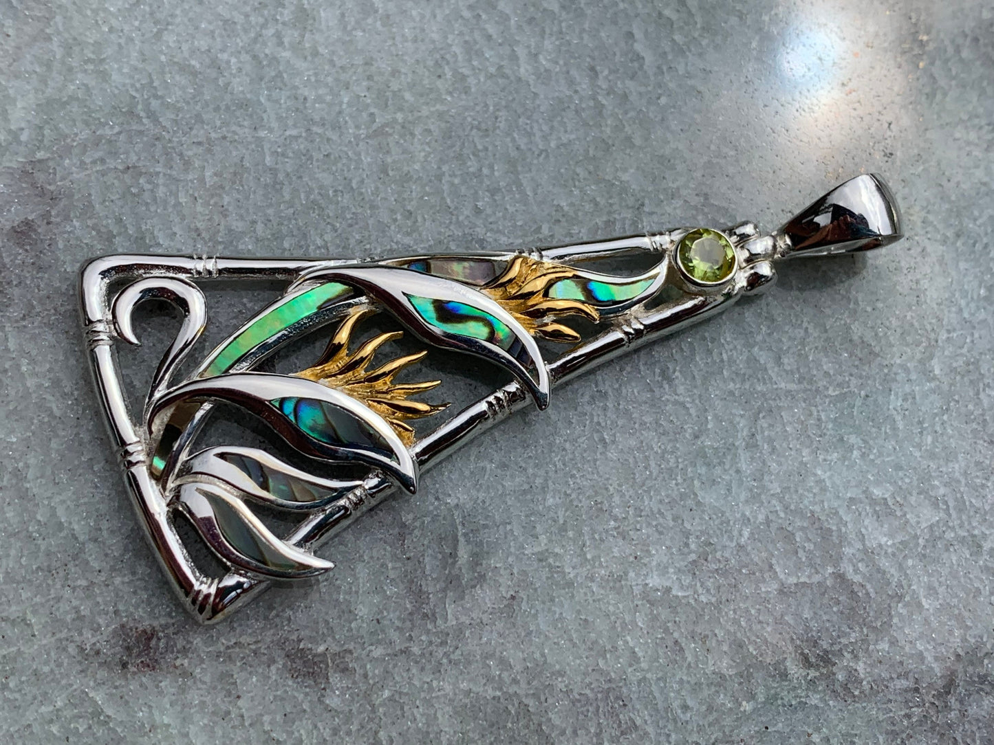 Bird of Paradise Flower Peridot Silver Gold Shell Necklace Pendant