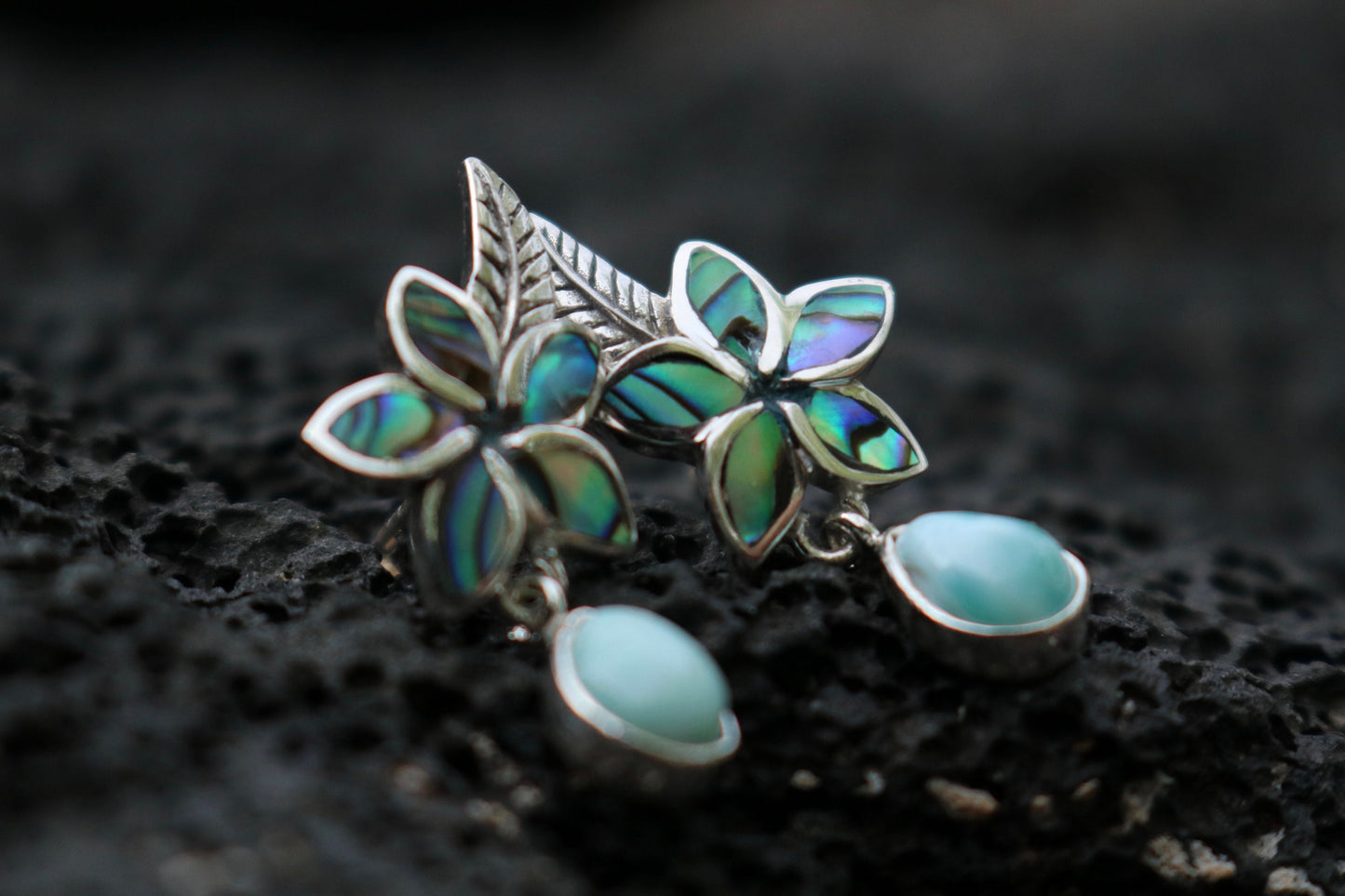 Plumeria Flower Larimar Abalone Shell Stud Earrings. Sterling Silver.