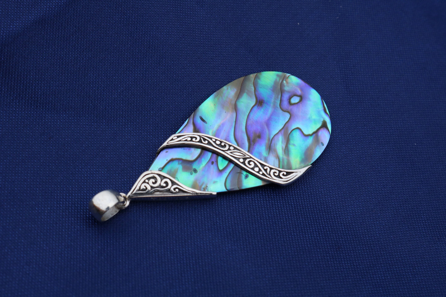 Abalone Paua Shell Teardrop Pendant Necklace Double Tribal Design. Sterling Silver.