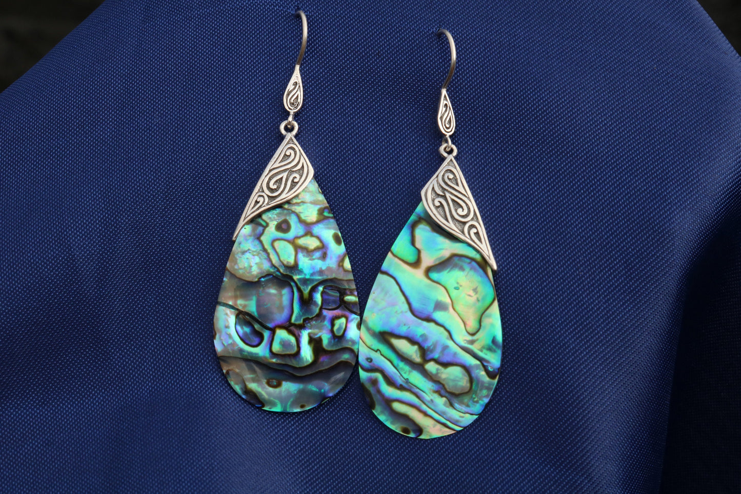 Abalone Shell Teardrop Earrings Tribal Design. Sterling Silver.