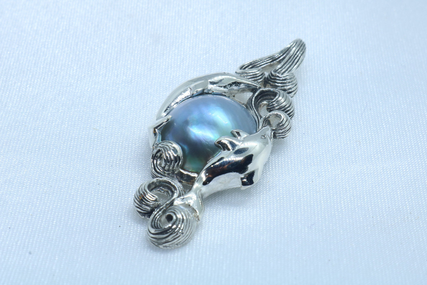 Dolphins Blue Mabe Pearl Silver Pendant Necklace