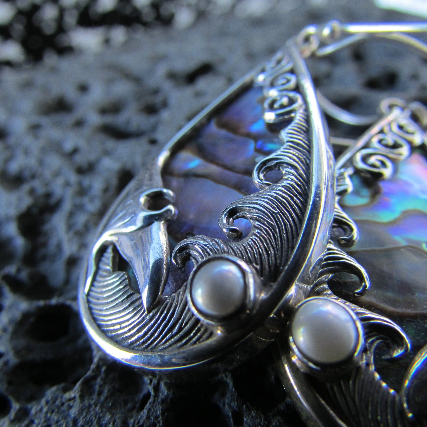 Manta Ray Wave Earrings | Abalone Paua Shell | Pearl | Sterling Silver | Ocean | Beach | Gift | Jewelry | Handmade | Unique