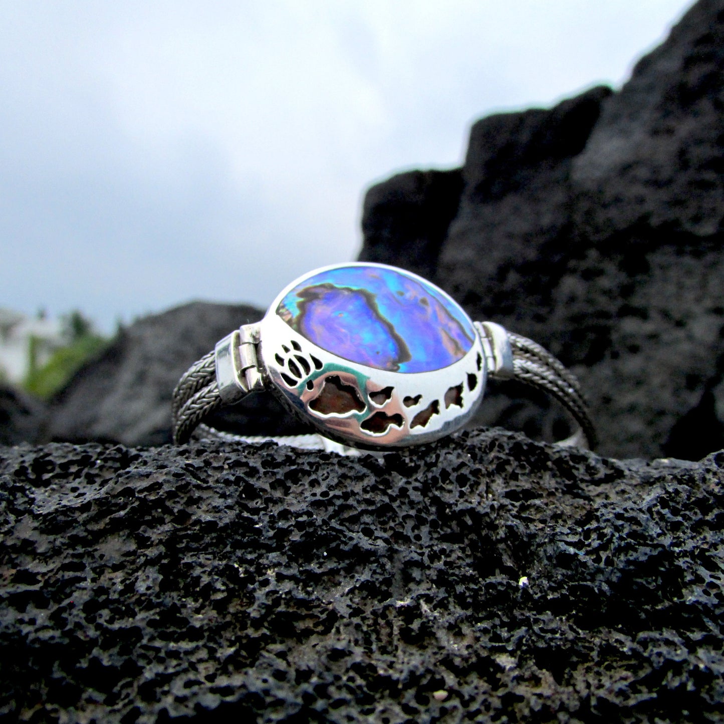 Hawaii Islands and Turtle Handmade Bracelet | Abalone Shell | Hawaiian Koa Wood | Paua Shell | Sterling Silver