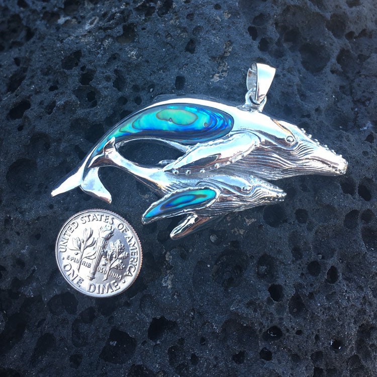 Mother and Baby Whale Necklace Pendant. Sterling Silver, Abalone Paua Shell.