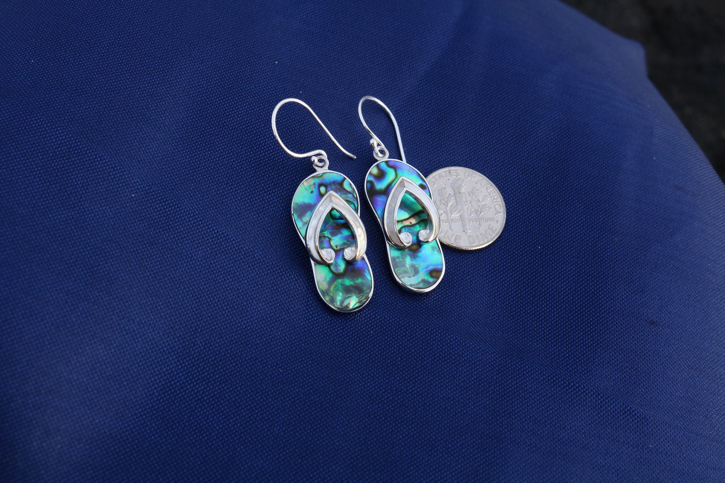 Beach Slippers Flip Flops Charm Earrings. Sterling Silver, Mother of Pearl, Abalone Shell.