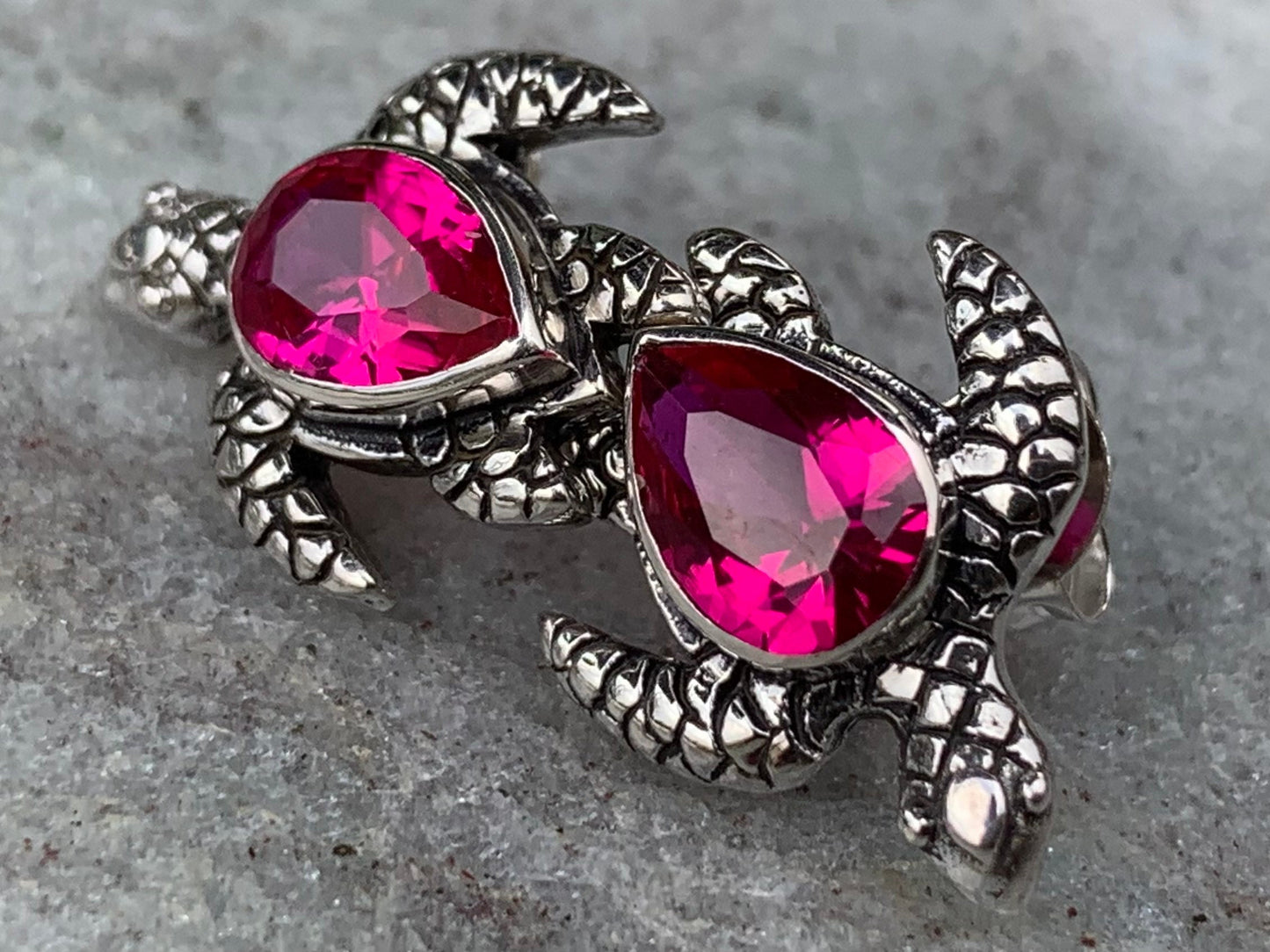 Ruby turtle earrings studs. Sterling silver.