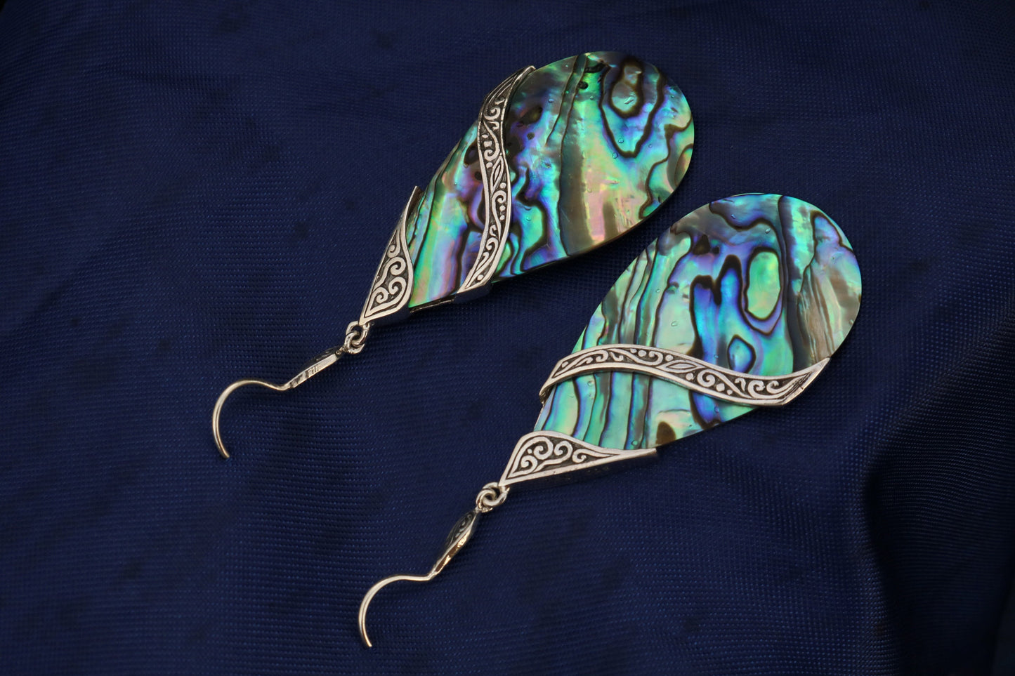 Abalone Shell Teardrop Earrings Double Tribal Design. Sterling Silver.